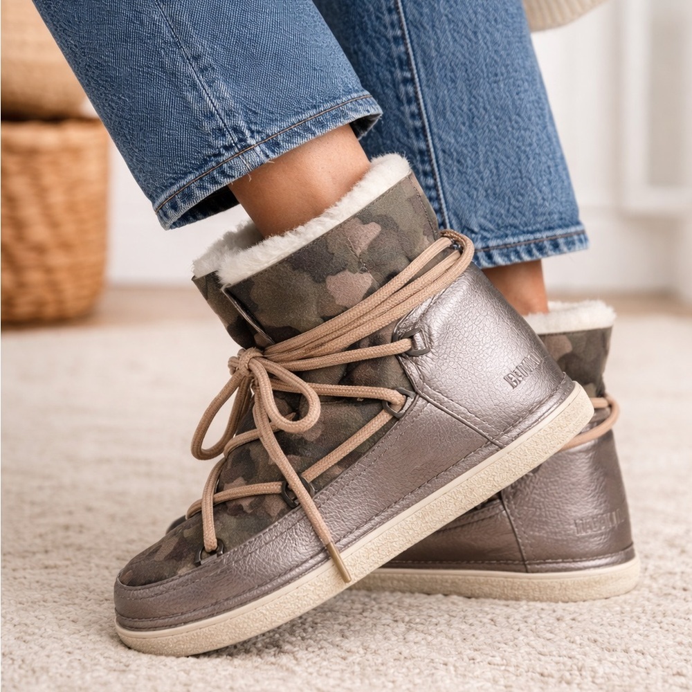 Inuikii Silver Camo Green Lambskin Shearling Ankle Boots Women’s 38
